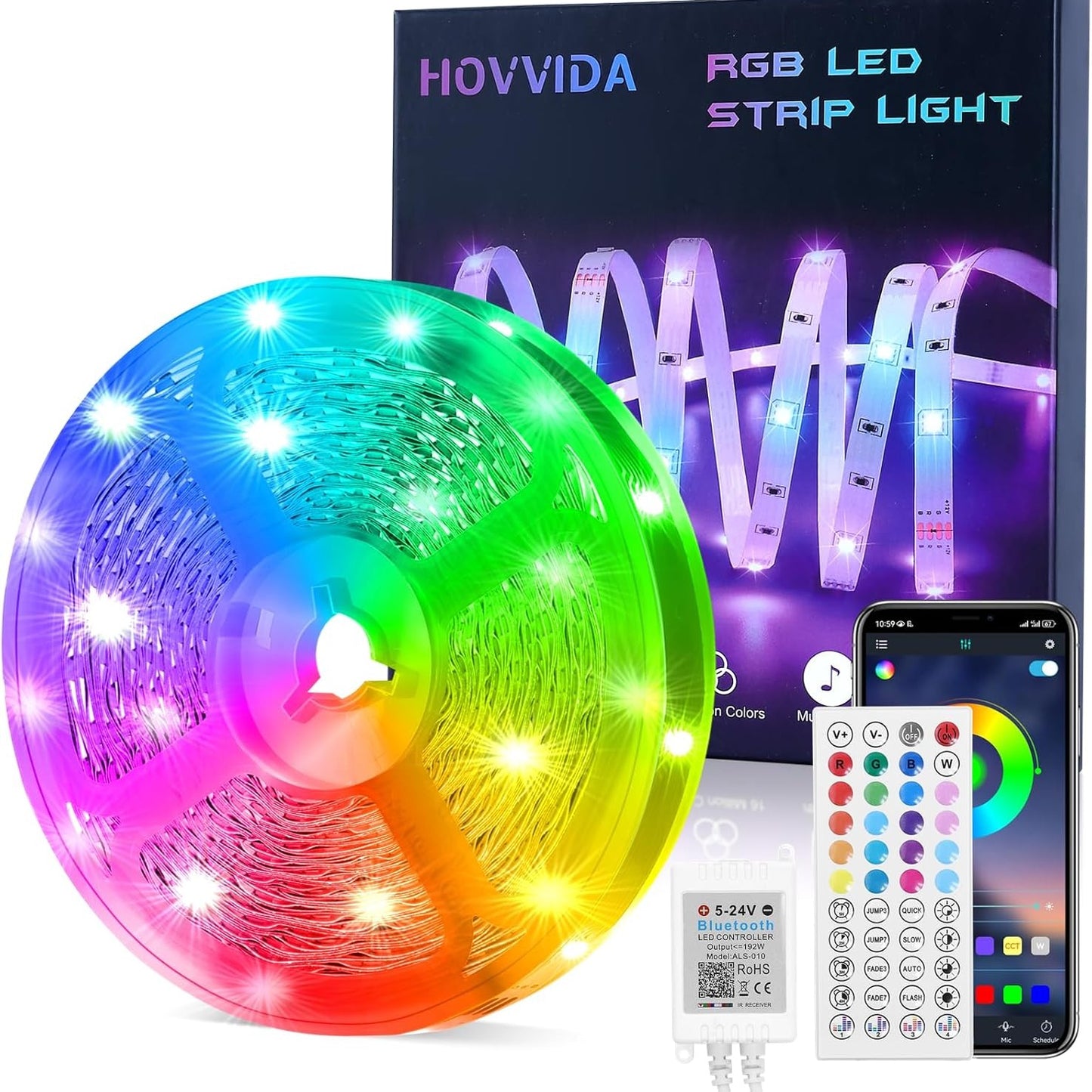 228854 - HOVVIDA Shirit LED 15M, 30 LED/metër, 24V RGB, 450 LED, APLIKACION dhe telekomandë, Sinkronizim Muzikor, Modalitet Kohëmatësi