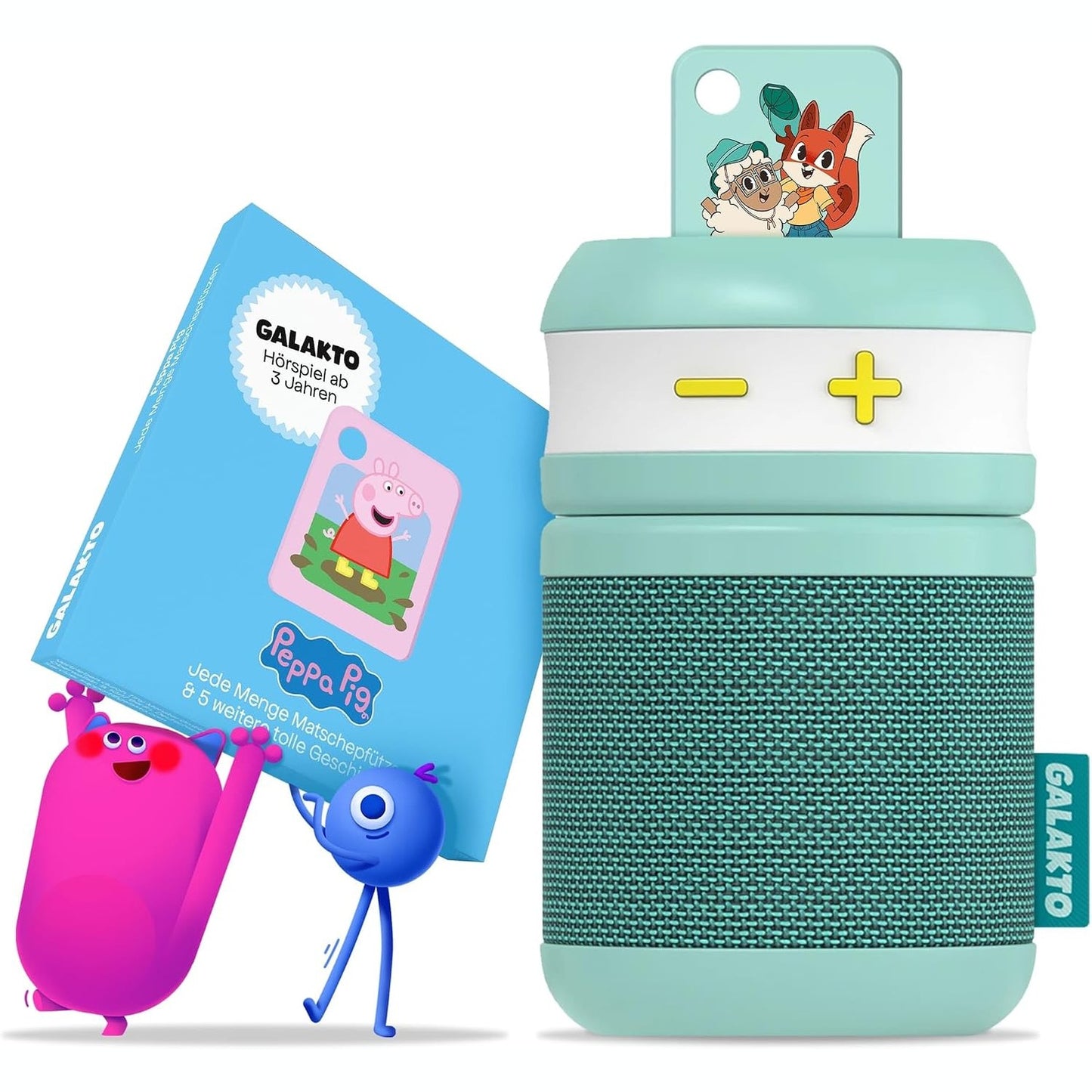 276299 - GALAKTO Pajisje për dëgjimin e muzikës dhe audiolibrave për fëmijë, përfshin 2 tokena 'Peppa Pig' / 'Fox & Sheep', funksionim pa internet, jetëgjatësi e gjatë e baterisë
