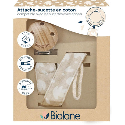 321847 - BIOLANE Kapëse biberoni për foshnje - Pëlhurë 100% pambuk - Bezhë - Lidhëse me kordon - Kapëse druri dhe metali - Siguri e dyfishtë dhe anti-rrëshqitje