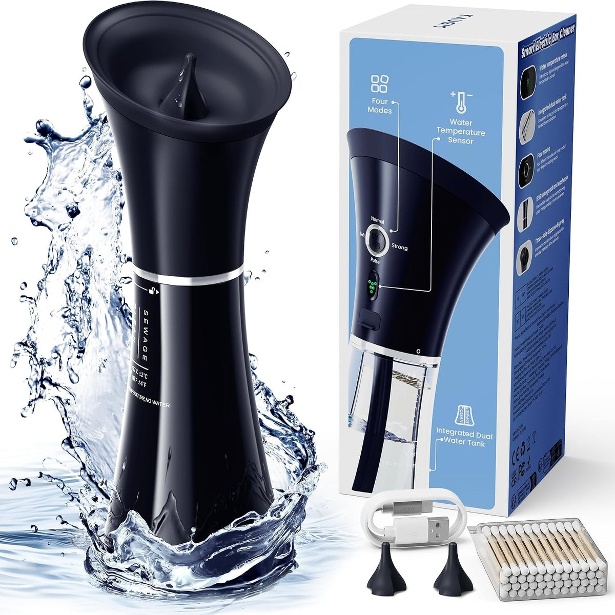 289681 - KAUGIC Ujitës elektrik për veshët me rezervuar të dyfishtë, Sensor inteligjent i temperaturës, IPX7, 4 mënyra presioni uji, E zezë/Blu