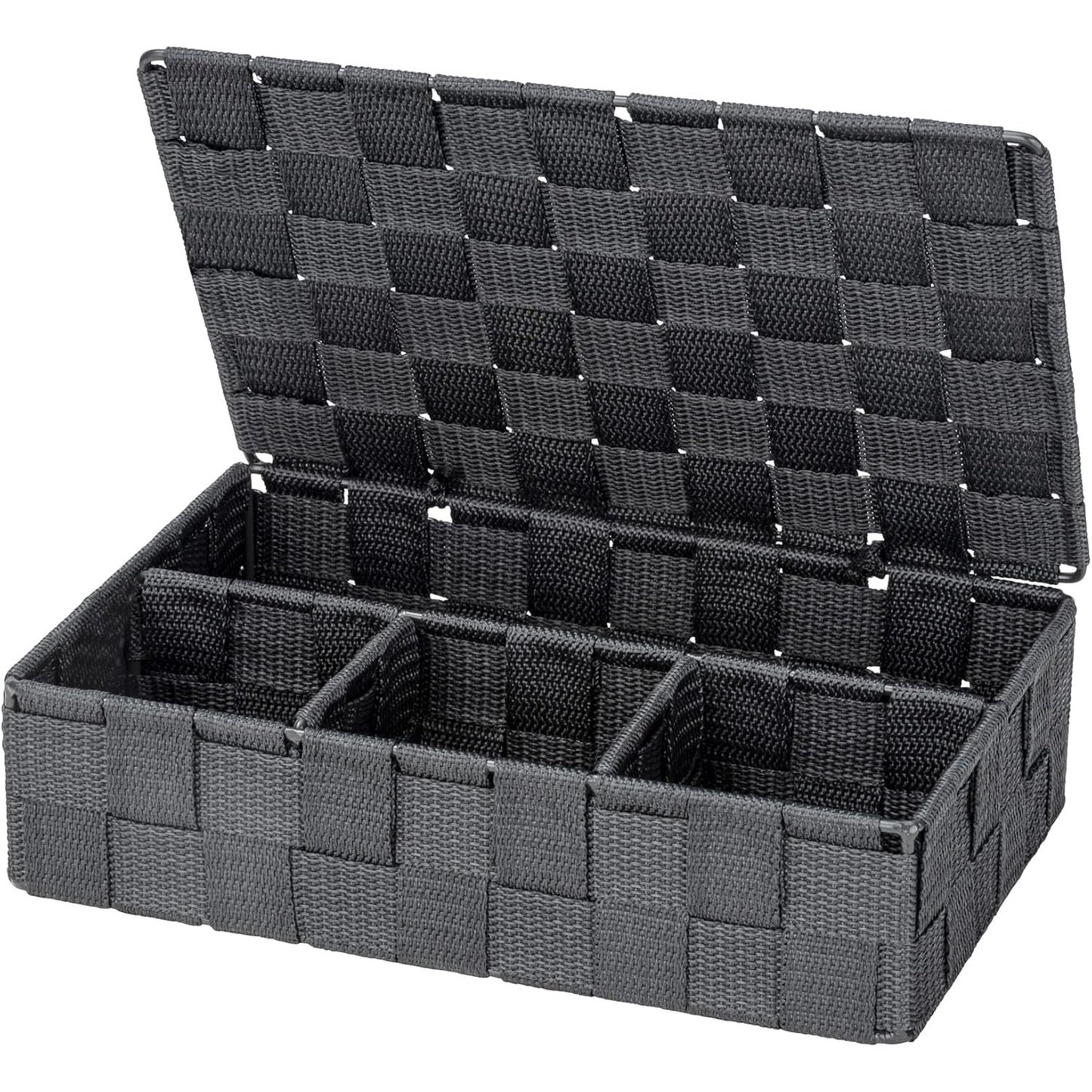 252731 - WENKO Kosh plehrash për banjo me kapak, stil Adria, kuti moderne me 4 ndarje, plastikë e endur, 100% polipropilen, përmasat: 26 x 7.5 x 17 cm, gri e errët