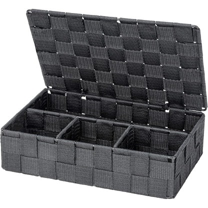 252731 - WENKO Kosh plehrash për banjo me kapak, stil Adria, kuti moderne me 4 ndarje, plastikë e endur, 100% polipropilen, përmasat: 26 x 7.5 x 17 cm, gri e errët