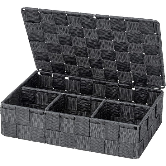 252731 - WENKO Kosh plehrash për banjo me kapak, stil Adria, kuti moderne me 4 ndarje, plastikë e endur, 100% polipropilen, përmasat: 26 x 7.5 x 17 cm, gri e errët