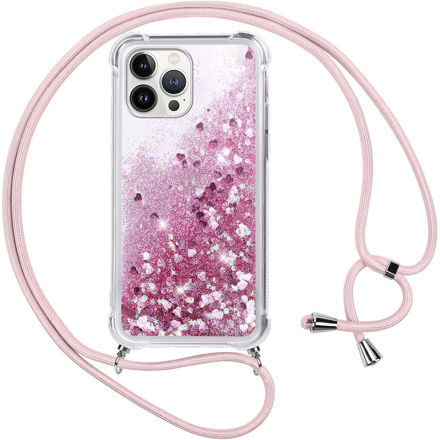 267273 - VAUKI Mbrojtëse për iPhone 13 Pro Max, Transparent me Kristale, Silikoni TPU, Rrip i Rregullueshëm për Qafën, Rozë