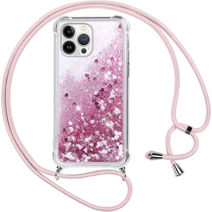 267273 - VAUKI Mbrojtëse për iPhone 13 Pro Max, Transparent me Kristale, Silikoni TPU, Rrip i Rregullueshëm për Qafën, Rozë