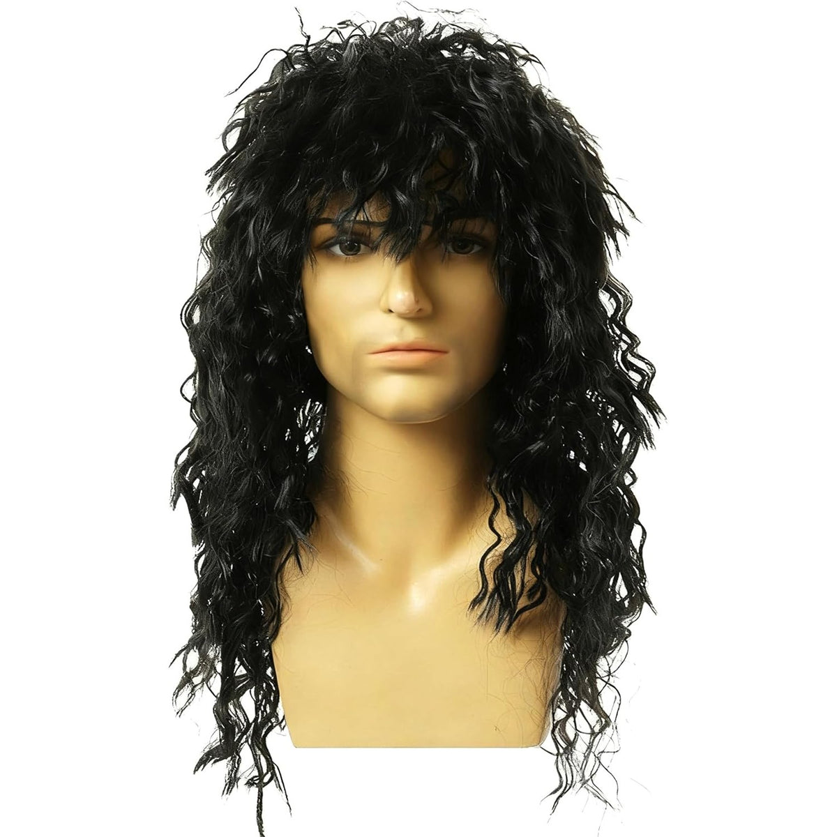 301196 - CATMEYE - Paruke për Burra - Stil flokësh i gjatë kaçurrel i zi me ngjyrë mullet - Stil i viteve '70 dhe '80 për festë Heavy Metal - E zezë