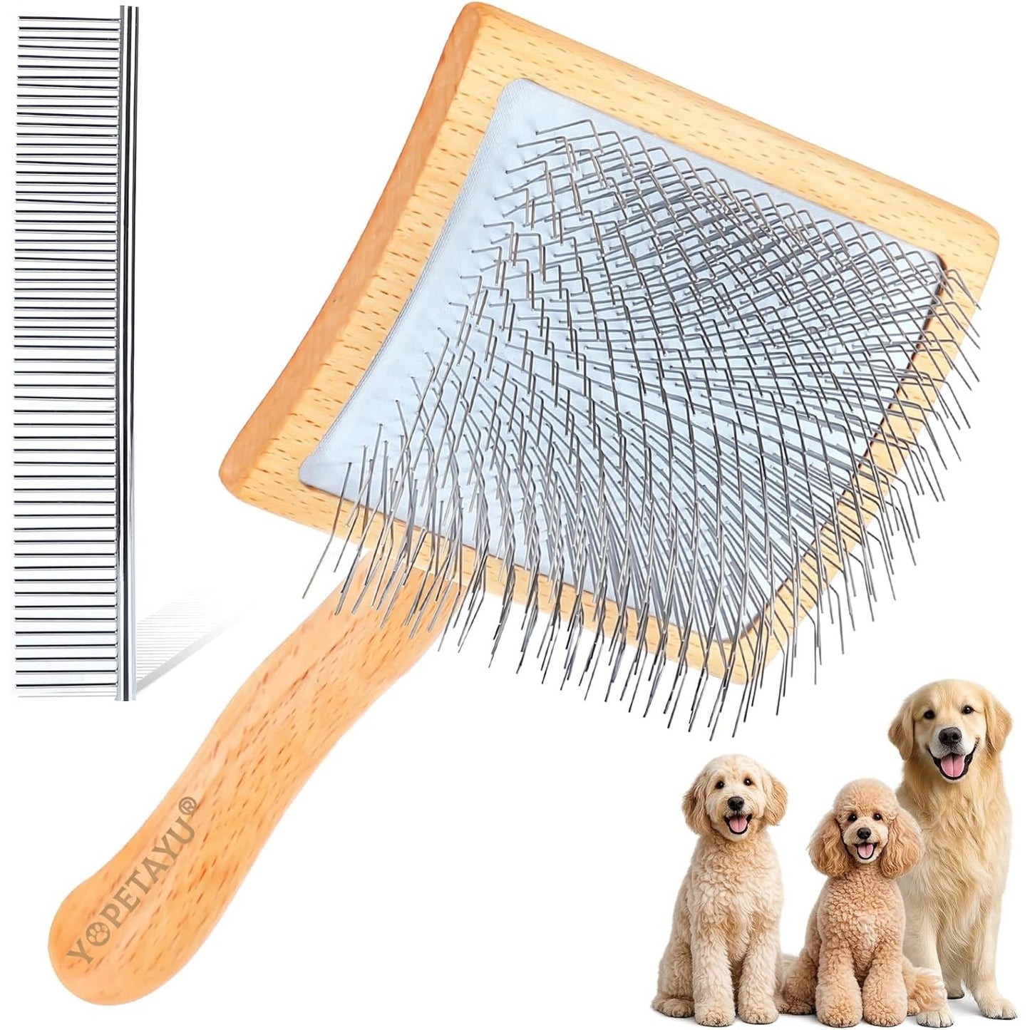 241982 - YOPETAYU Furçë Lëmuese për Qen dhe Mace, Dorezë Druri, Qime Ekstra të Gjata, Me Krehër Qimesh, Për Qen Golden Retriever dhe Qen Barinj Australianë