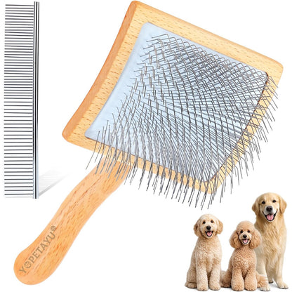 241982 - YOPETAYU Furçë Lëmuese për Qen dhe Mace, Dorezë Druri, Qime Ekstra të Gjata, Me Krehër Qimesh, Për Qen Golden Retriever dhe Qen Barinj Australianë