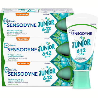 307989 - SENSODYNE Pastë dhëmbësh Pro-Enamel Junior për fëmijë - Mosha 6-12 vjeç - Mbrojtje 24-orëshe nga kariesi - Forcon butësisht smaltin - Shije e butë menteje - Pako me 3 x 50ml
