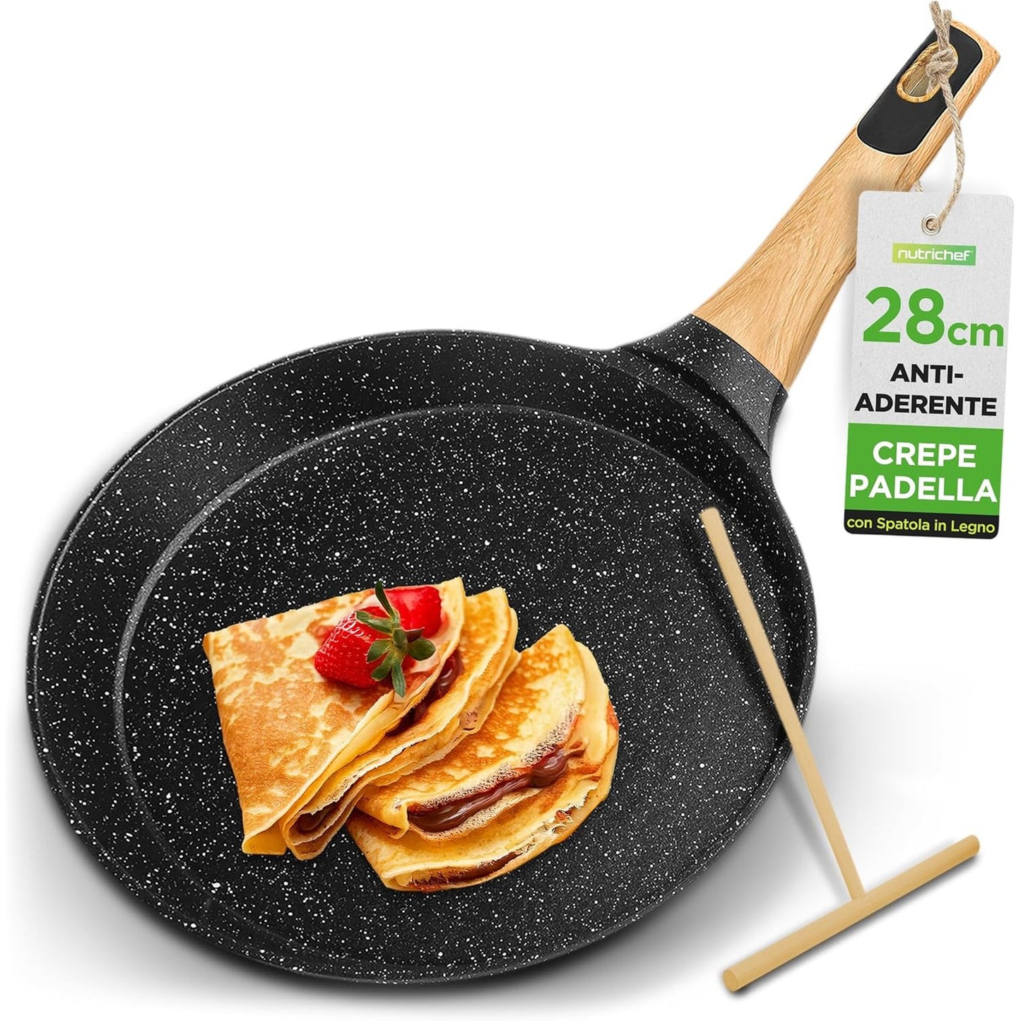 221986 - NutriChef Tavë për Krepa Jo-Ngjitëse, Diametri: 28cm, Induksion, Dorezë Bakeliti dhe Druri, Rezistente ndaj Njollave, Mermer i Zi