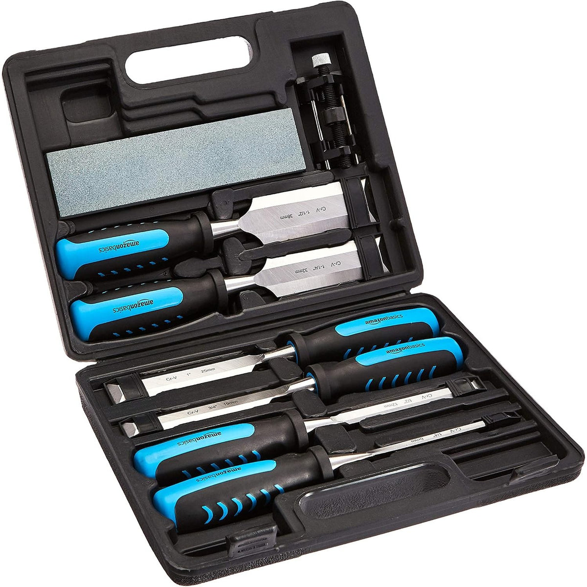 313385 - AMAZON BASICS Set Daltë Druri për Gdhendje me Udhëzues Mprehjeje, Gurë Mprehjeje dhe Kuti Ruajtjeje, 1/4" - 1-1/2", 8 copë