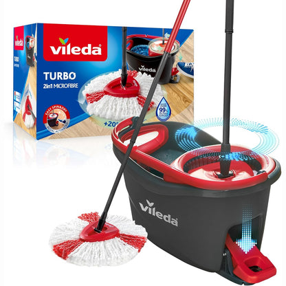 221646 - VILEDA Mop Turbo me Kovë me Pedale, Dorezë Teleskopike 85-130 cm, Mop me Shtrydhëse Rrotulluese, Mikrofibre 2-në-1, Gri