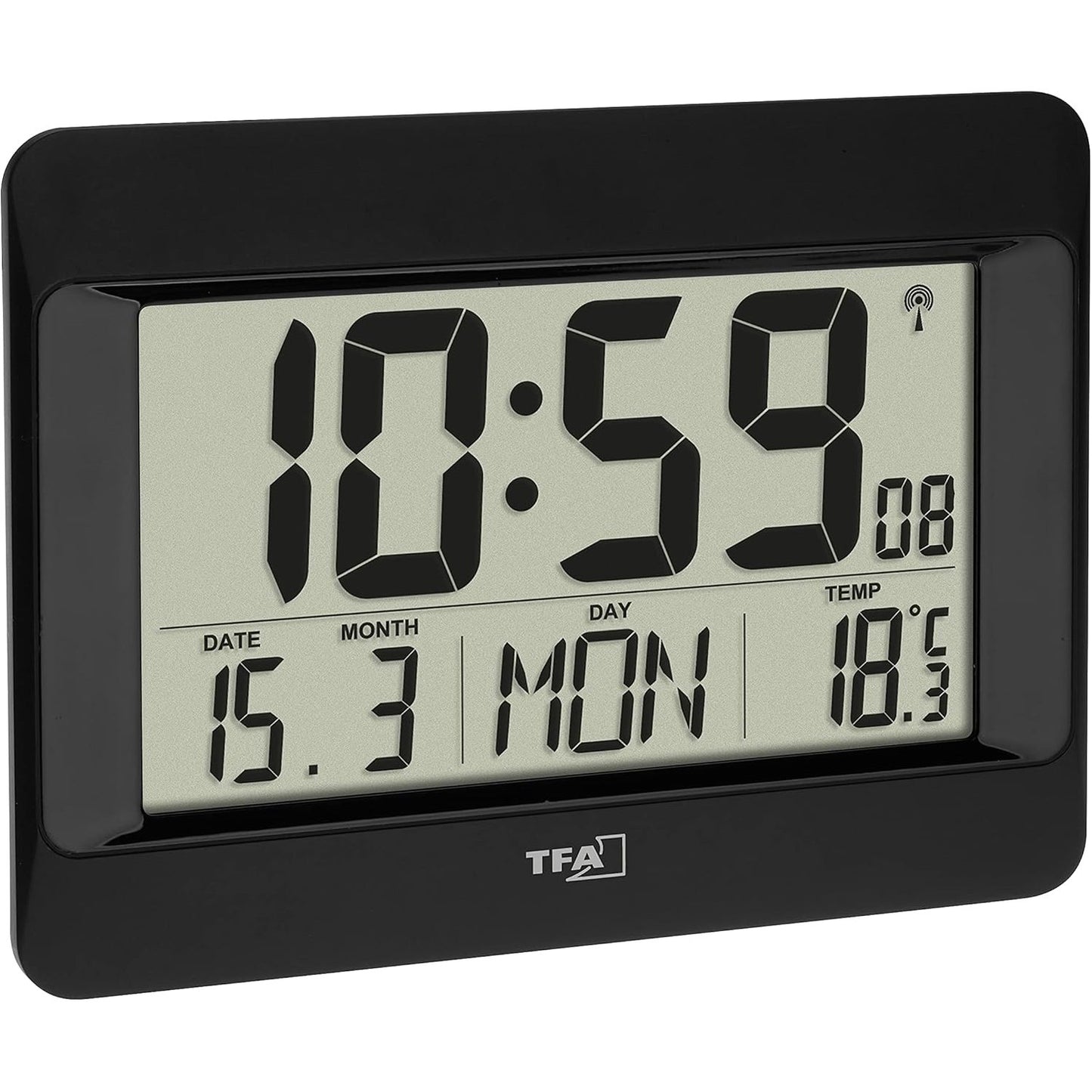 214635 - TFA DOSTMANN Orë muri dixhitale, 60.4519.01, orë me radio të kontrolluar me temperaturë të brendshme, ditën e javës (8 gjuhë), datën, orë kuzhine, caktim i zonës kohore, e zezë, plastike, (Gj) 215 x (Gj) 160 x (L) 26 (68) mm