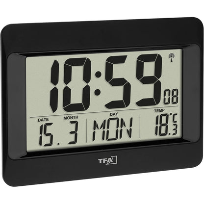 214635 - TFA DOSTMANN Orë muri dixhitale, 60.4519.01, orë me radio të kontrolluar me temperaturë të brendshme, ditën e javës (8 gjuhë), datën, orë kuzhine, caktim i zonës kohore, e zezë, plastike, (Gj) 215 x (Gj) 160 x (L) 26 (68) mm