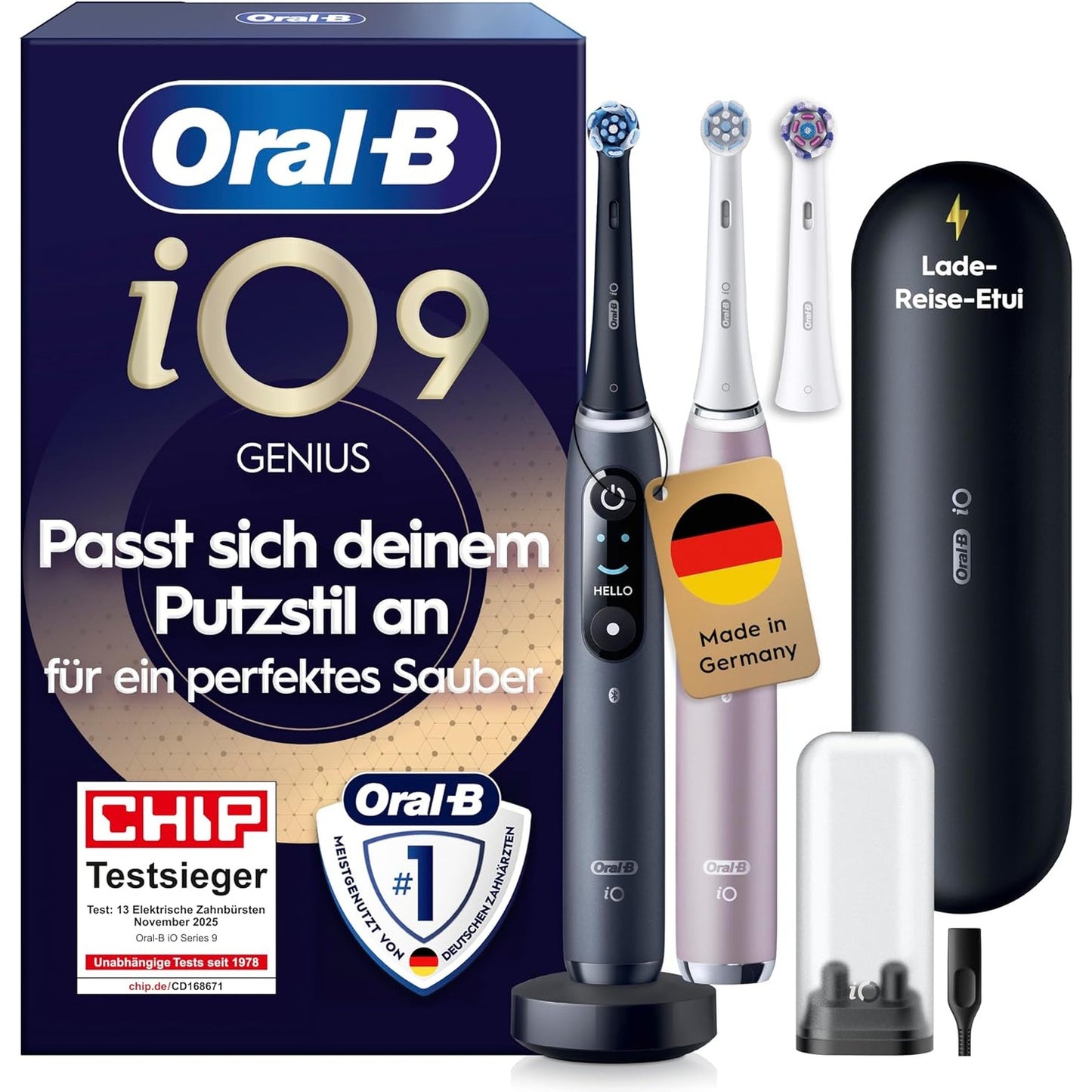 315012 - ORAL-B Furçë dhëmbësh elektrike iO Series 9, Pako dyshe, 3 koka furçe, 7 mënyra kujdesi, Fitues i testit CHIP (11/25), Dizajnuar nga Braun, e zezë dhe Rozë