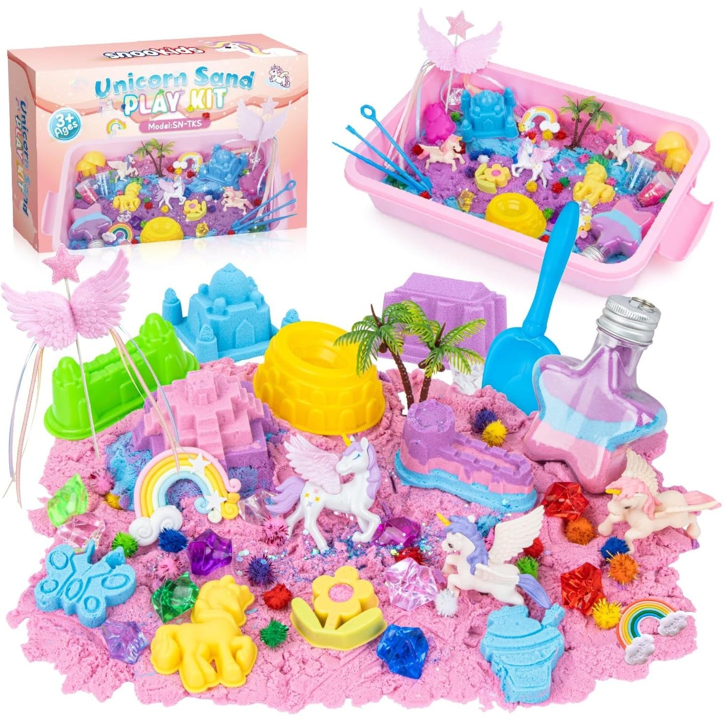219069 - Rërë Magjike Shumëngjyrëshe Snookids për Fëmijë me Dyllë Blete Natyrale 690g, Set Lojërash me Rërë me 24 Forma, 3 Njëbrirësha, Kuti Ruajtjeje