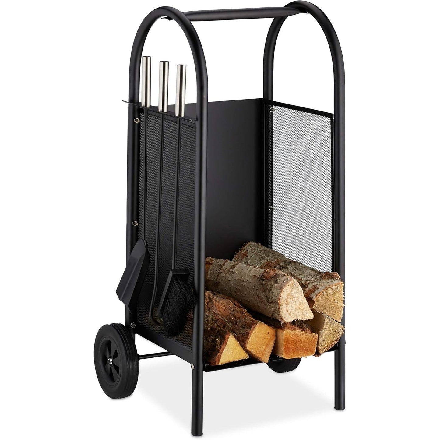 160668 - RELAXDAYS Karrocë Prej Druri për Zjarr, me 3 Aksesorë: Dollap Çeliku, Oxhak, Lopatë, Furçë dhe Shkop Prej Druri, Ngjyra e Zezë