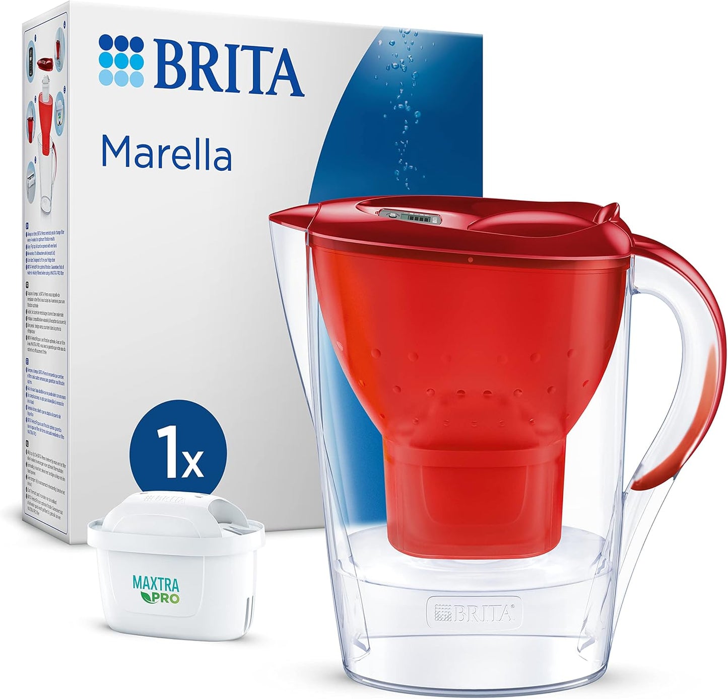 218178 - BRITA Enë Filtri Uji Marella e Kuqe (2.4L) me 1 fishek filtri MAXTRA PRO, zvogëlon PFAS, gëlqeren, klorin, papastërtitë dhe metalet e caktuara, treguesin e kohëmatësit
