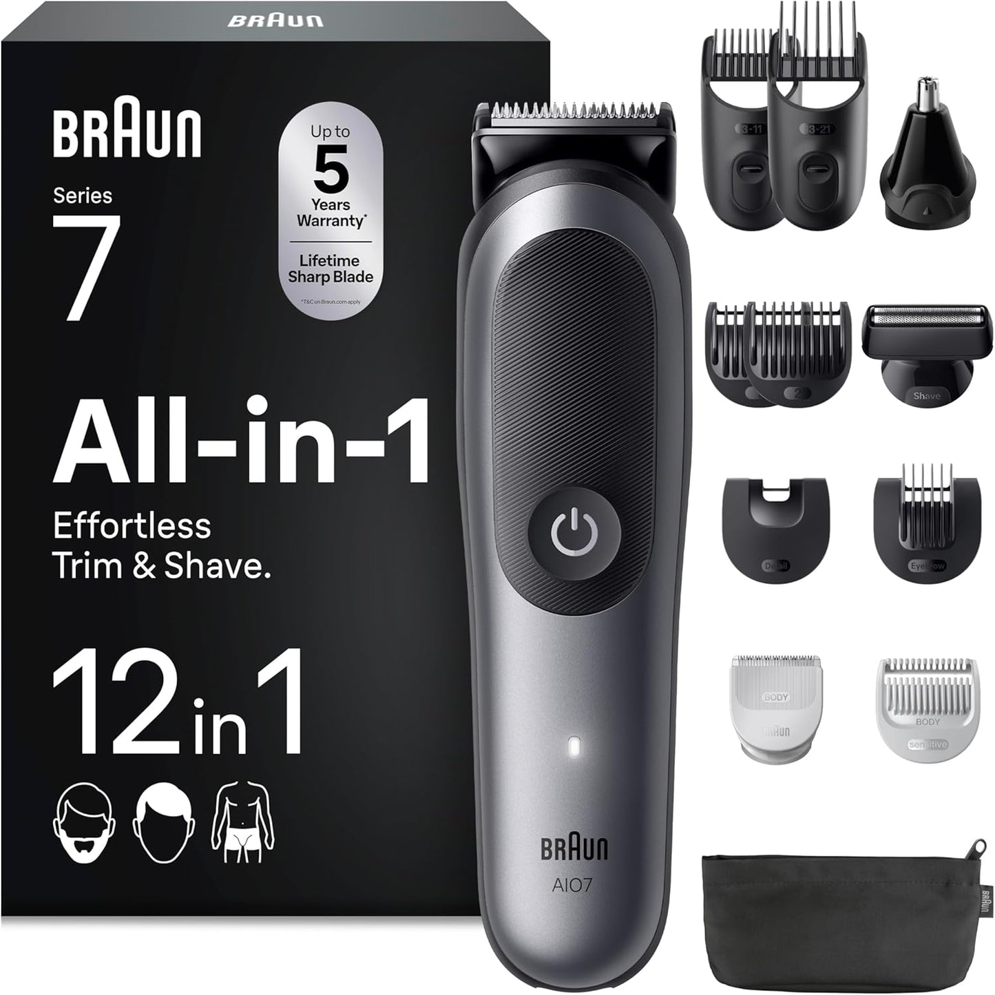 274907 - BRAUN Makinë prerëse shumëfunksionale All-in-One Series 7 AIO7545, 12-në-1, bateri 120 minuta, 14 gjatësi (0.1–21 mm), rezistente ndaj ujit