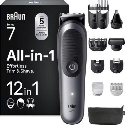 274907 - BRAUN Makinë prerëse shumëfunksionale All-in-One Series 7 AIO7545, 12-në-1, bateri 120 minuta, 14 gjatësi (0.1–21 mm), rezistente ndaj ujit