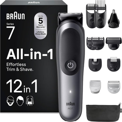 274913 - BRAUN All-in-One Series 7, Makinë prerëse shumëfunksionale 12-në-1, për mjekër, prerëse për hundë, prerëse flokësh për fytyrën, kokën dhe trupin, bateri 120 minuta, 14 gjatësi (0.1–21 mm), rezistente ndaj ujit, AIO7545, gri