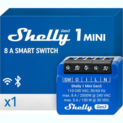 294351 - SHELLY 1 MINI GEN3 - Ndërprerës Releje Inteligjente Wi-Fi & Matter, 1 Kanal, 8A, Kontakt pa Potencial, Ndërprerës Drite, Hapës Dere Garazhi, Ngrohje, Shtëpi Inteligjente, Kohëmatës, Nuk Kërkohet Hub, Alexa, Google