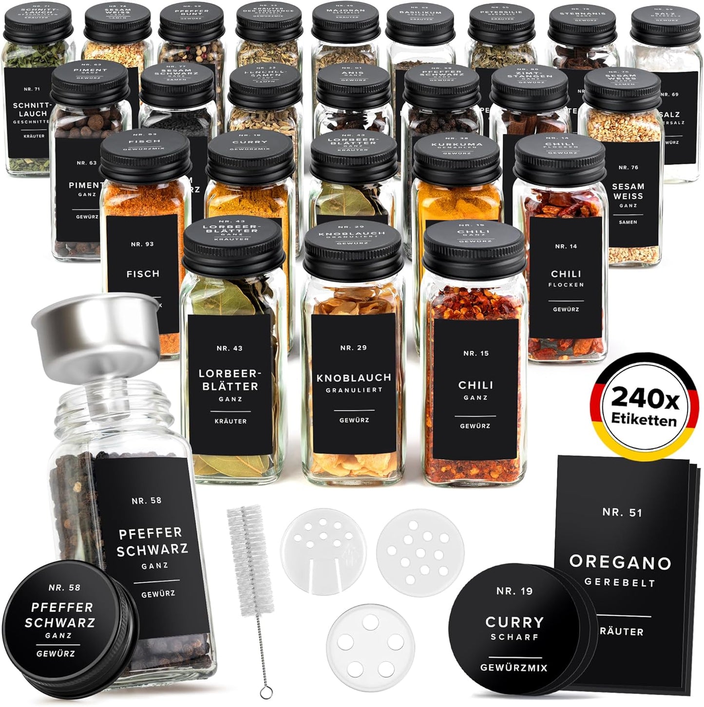 255967 - EDELHAUS. Set Kavanozësh Katrorë Erëzash me Kapakë (24 x 120ml), 240 Etiketa të Zeza