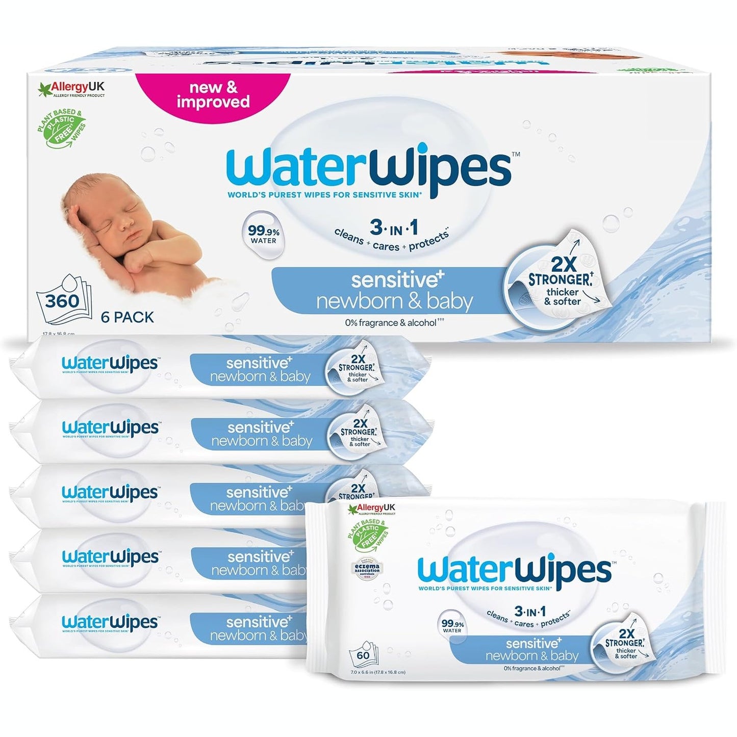 317073 - WATERWIPES Peceta Sensitive+ për të porsalindur dhe bebe, 360 peceta (6 pako), 99.9% ujë, pa aromë