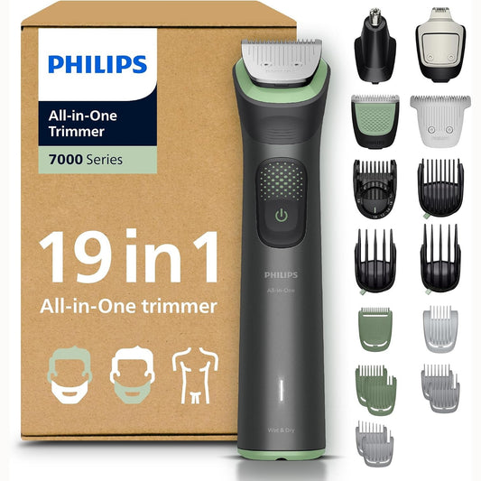 292423 - PHILIPS Makinë për prerje "gjithçka-në-një" Philips Multigroom Seria 7000 me 19 aksesorë – për mjekër, flokë dhe trup; tehe metalike vetë-mprehëse; 26 nivele gjatësie (0,5-20 mm); MG7962/30