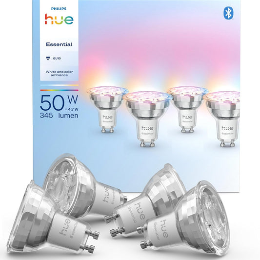 135248 - PHILIPS HUE Dritë LED Inteligjente esenCiale GU10, e bardhë dhe me ngjyra, 4.7W, 2200K-6500K, 345lm, me errësim, e pajtueshme me Alexa, Google Assistant dhe Apple Home, paketë 4 copë