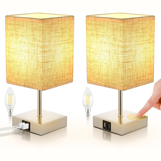 114194 - LED Llambë Tavoline TOUCH 2 Copë, Llambë Nate me 3 Nivele Ndriçimi dhe 2 Porta Karikimi USB, me Mundësi Errësimi, Përshtatshme për Dhomën e Ndenjes dhe Dhomën e Gjumit, Bezhë