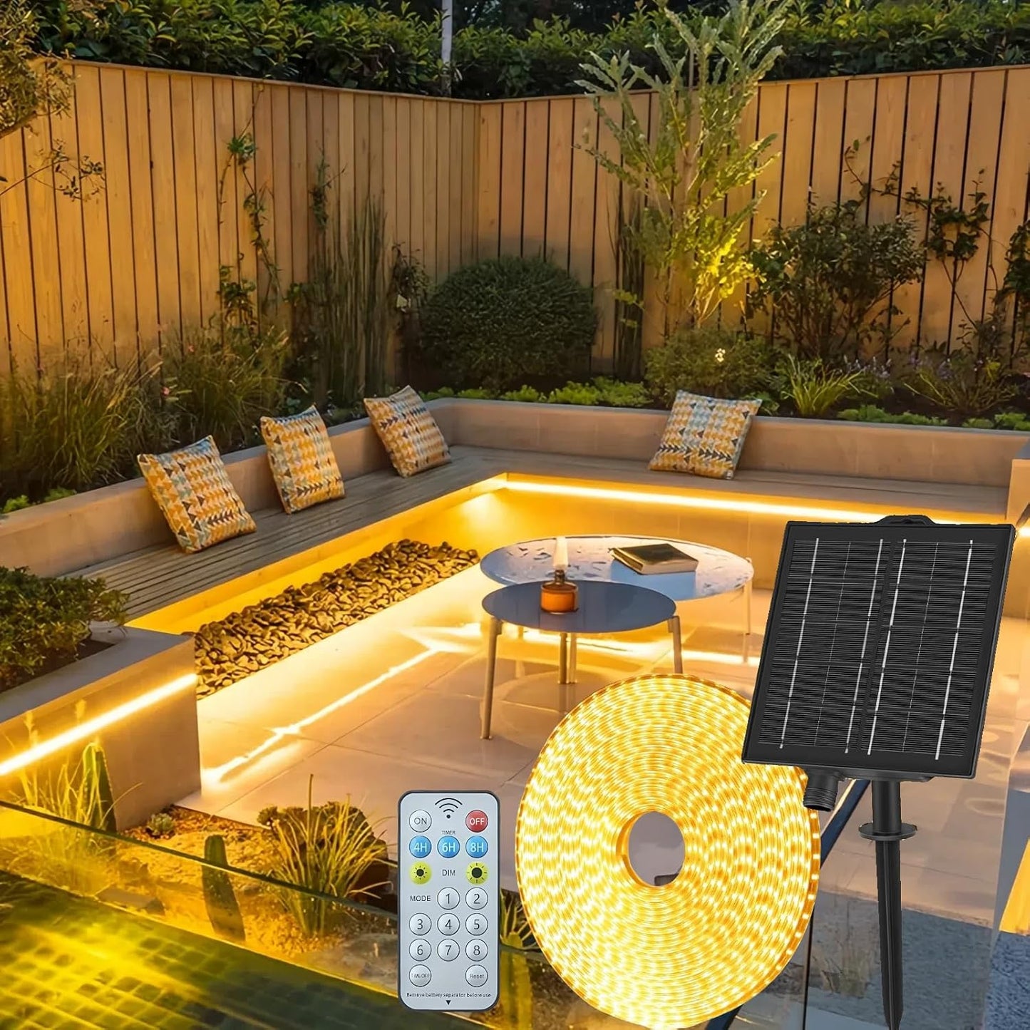 245696 - Gaoxun Shirit LED Solar 15m, IP68, i papërshkueshëm nga uji, telekomandë, 8 modalitete, fleksibël, e bardhë e ngrohtë