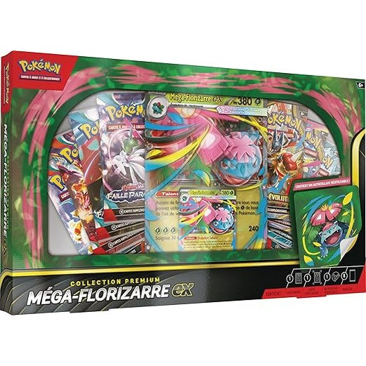 141529 - Pokémon – Mega Florizarre-ex Premium Collection, përfshin 1 kartë promo me shkëlqim, 1 kartë promo të madhe lentikulare dhe 8 paketa booster nga Pokémon TCG.