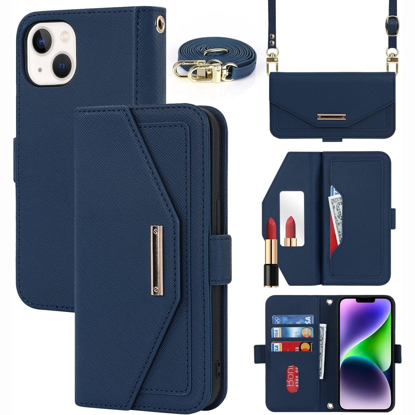 277069 - CAVOR Mbrojtëse e përputhshme me iPhone 14 Plus, Mbrojtëse lëkure me portofol të palosshëm me kordon, [5 vende për karta][pasqyrë][magnetike][kordon i rregullueshëm] Mbulesë - Blu