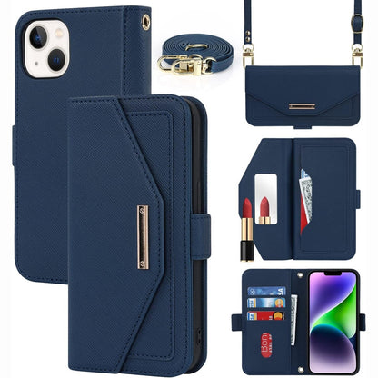 277069 - CAVOR Mbrojtëse e përputhshme me iPhone 14 Plus, Mbrojtëse lëkure me portofol të palosshëm me kordon, [5 vende për karta][pasqyrë][magnetike][kordon i rregullueshëm] Mbulesë - Blu