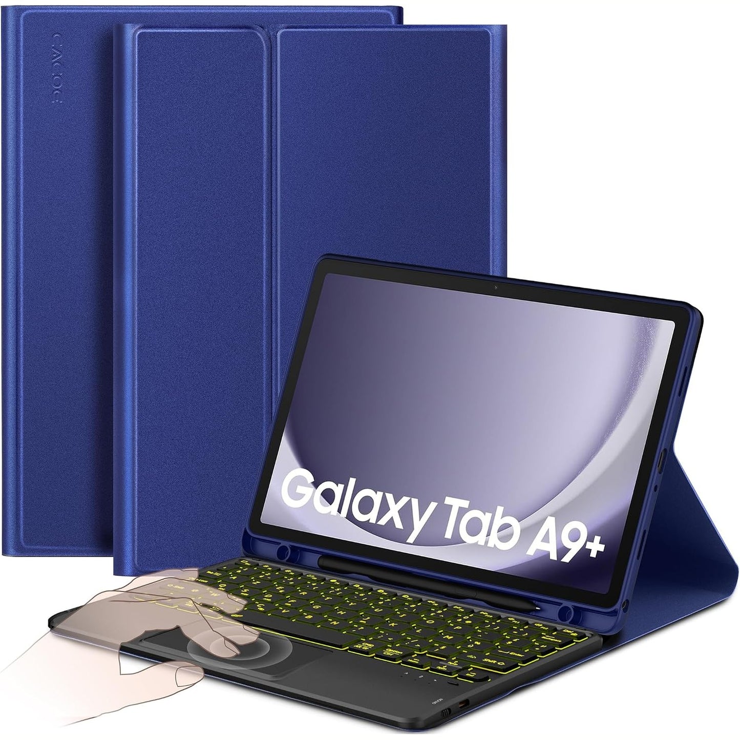 276571 - CACOE Kutia e Tastierës Pajtueshme me Samsung Galaxy Tab A9+ 2023, 11 inç, Touchpad, Ndriçim Prapa me 7 Ngjyra, Tastierë Pa Tel AZERTY e Shkëputshme, Blu Mesnate