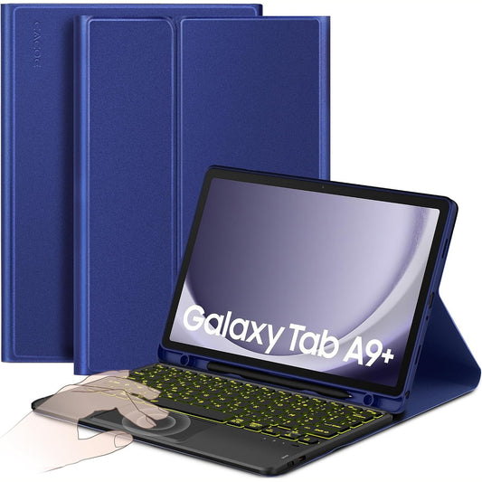 276571 - CACOE Kutia e Tastierës Pajtueshme me Samsung Galaxy Tab A9+ 2023, 11 inç, Touchpad, Ndriçim Prapa me 7 Ngjyra, Tastierë Pa Tel AZERTY e Shkëputshme, Blu Mesnate