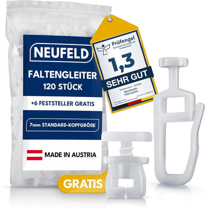 168886 - NEUFELD® Rrëshqitës për Perde 120 Copë për Shina të Brendshme me 6 Ndalesa | Rrëshqitës të Plisuar 7 mm, Rrotulla për Perde