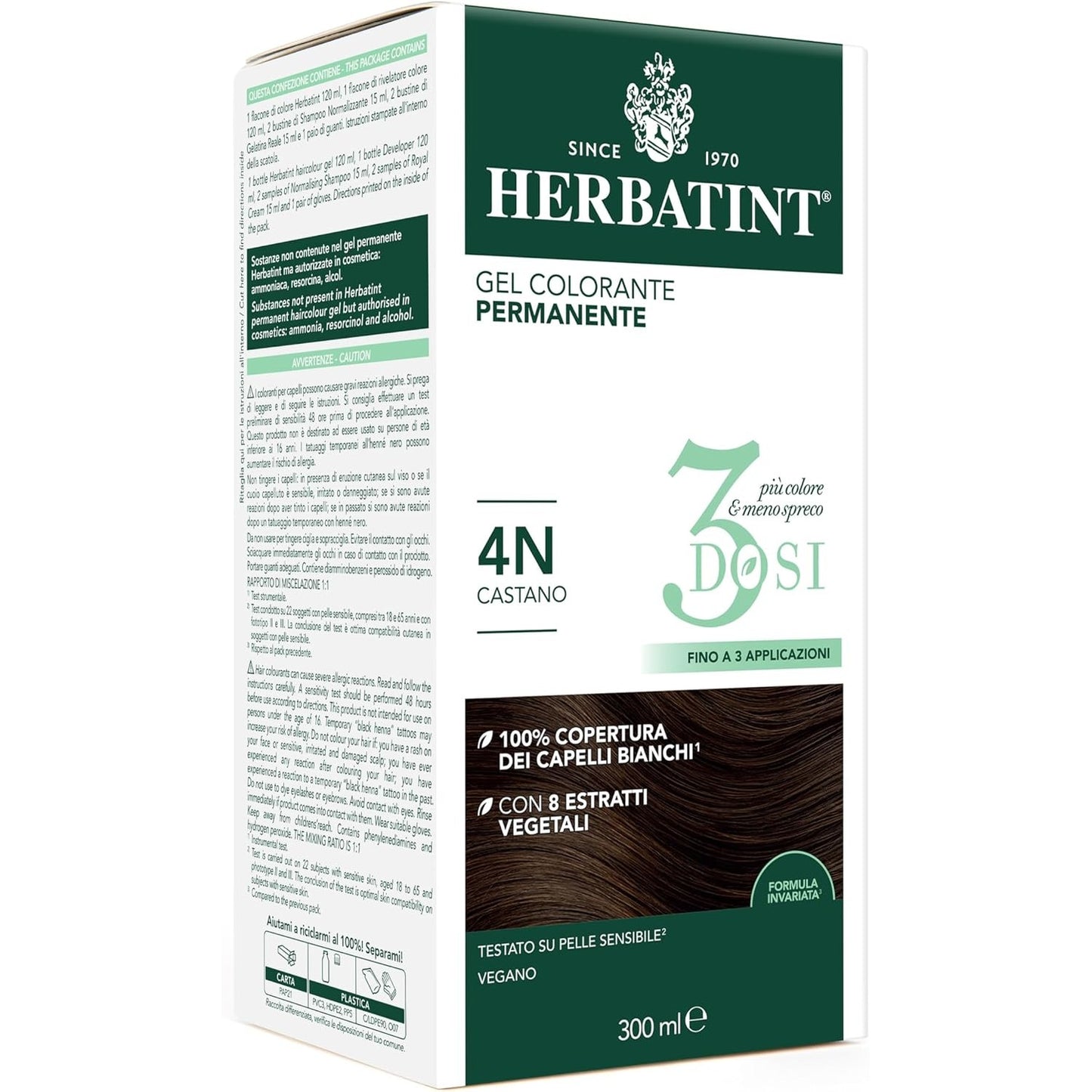 317296 - Herbatint Xhel Ngjyrosës i Përhershëm - 300 ml, 4N Kafe, Pa Amoniak, për Lëkurë të Ndjeshme, Mbulim 100% i Flokëve të Grinj, me 8 Ekstrakte Natyrale Organike