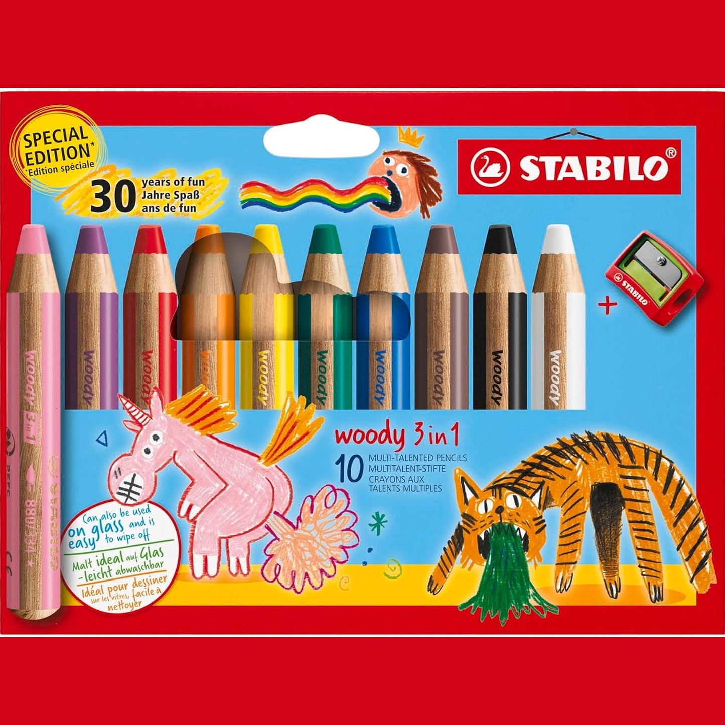 268736 - STABILO - Laps me ngjyra, bojëra uji dhe laps dylli - dru 3 në 1 - Edicioni i Përvjetorit - Paketim me 10 copë - 10 ngjyra