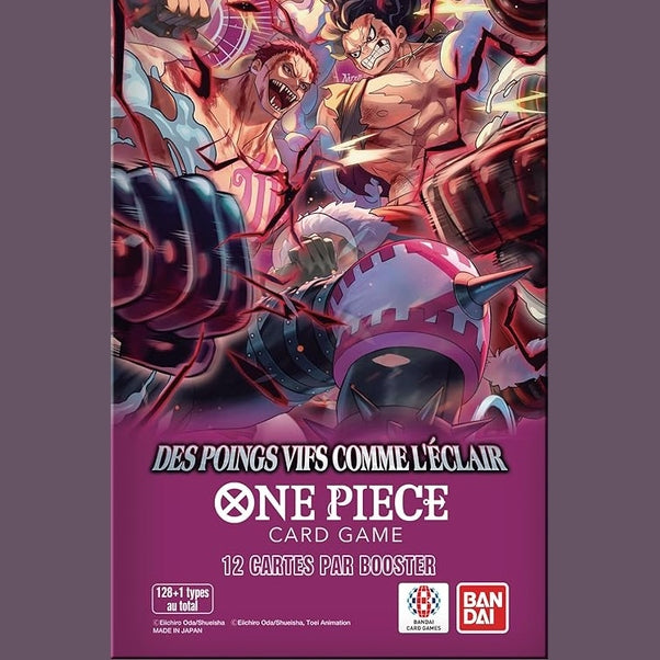 141694 - Asmodee – Bandai One Piece OP-11 Booster Blister – “Grushta të shpejtë si rrufe” – lojë me letra koleksionuese – Whole Cake Island – “Grusht me shpejtësi hyjnore” – version në gjuhën frënge.