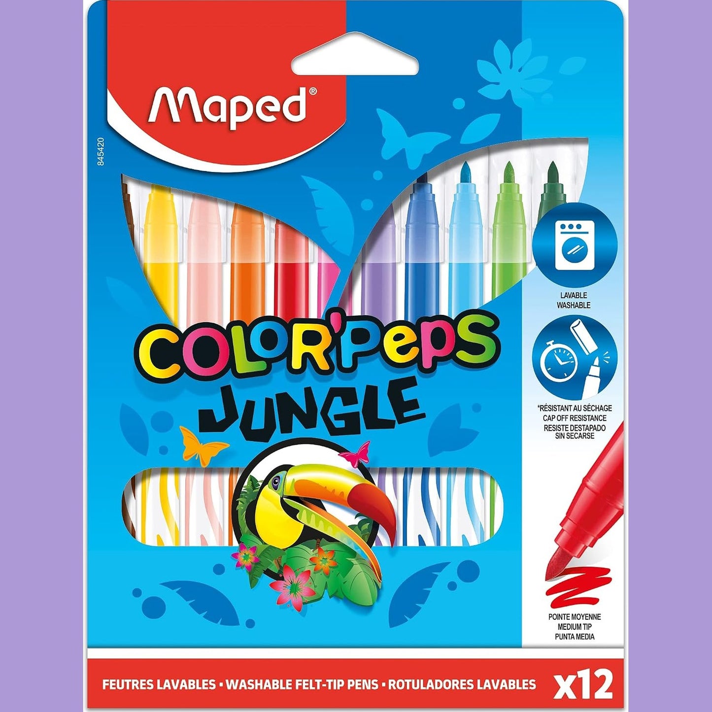 274761 - MAPED Shënjues Jungle Color'Peps, 12 Shënjues Ngjyrosës, Të lahet dhe rezistent ndaj thatësisë, Majë e bllokuar mesatare, Ngjyra të gjalla, Ideale për furnizime për kthim në shkollë, Qese kartoni