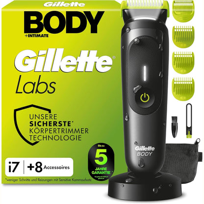 274891 - GILLETTE Makinë rroje Labs i7 Body + Intime Trimmer për Burra, e zezë/jeshile, e papërshkueshme nga uji, përfshin dritë LED, mbajtëse dushi dhe mbështetëse karikimi