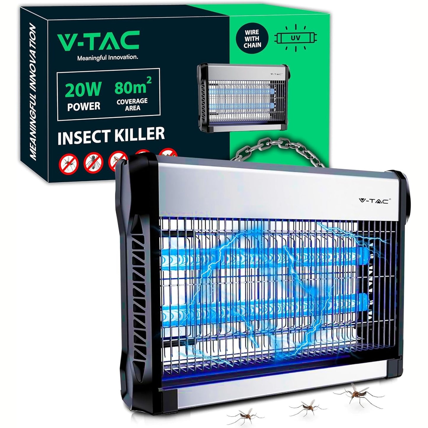 322323 - V-TAC 11180-A Vrasës Mushkonjash Elektrike 20W, Sipërfaqe Operative 80m², Dritë Blu UV, Alumini