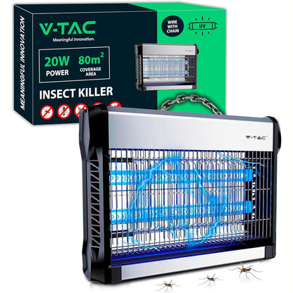 322323 - V-TAC 11180-A Vrasës Mushkonjash Elektrike 20W, Sipërfaqe Operative 80m², Dritë Blu UV, Alumini