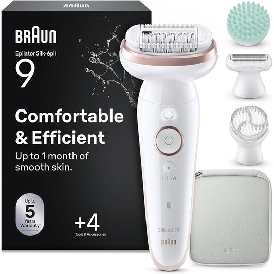 301596 - BRAUN Depilator elektrik Silk-épil 9 9-080 për femra, kokë fleksibile 360° për depilim të lehtë, i papërshkueshëm nga uji, pa tel, me kokë rroje, furçë eksfoliuese dhe krehër prerës