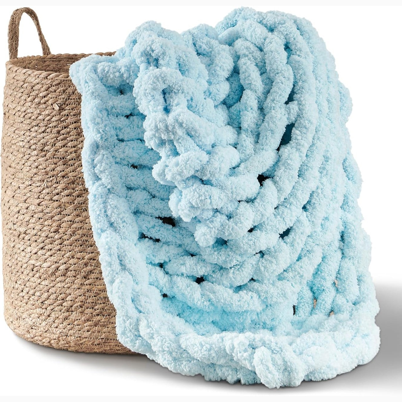 208385 - ADYRESCIA Batanije e Thurur me Dorë, 100% Fije Jumbo Chenille, Trashë dhe e Ngrohtë, Madhësia 127 x 152.4 cm, Ngjyra Blu e Çelët