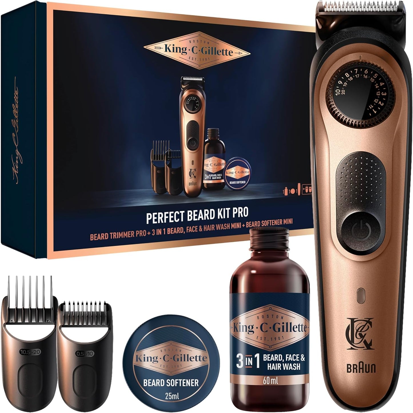 289523 - KING C. GILLETTE Kit për mjekër për meshkuj, makinë prerëse elektrike dhe 2 produkte për kujdesin e fytyrës.