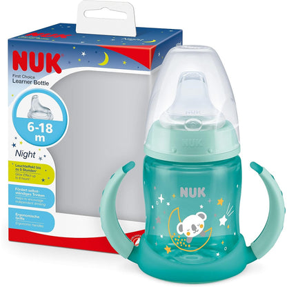 318481 - NUK First Choice Sippy Cup Night | 6-18 muaj | 150 ml | Shkëlqen në errësirë | Doreza silikoni | Grykë ortodontike | Rezistent ndaj rrjedhjeve | Pa BPA | Jeshile