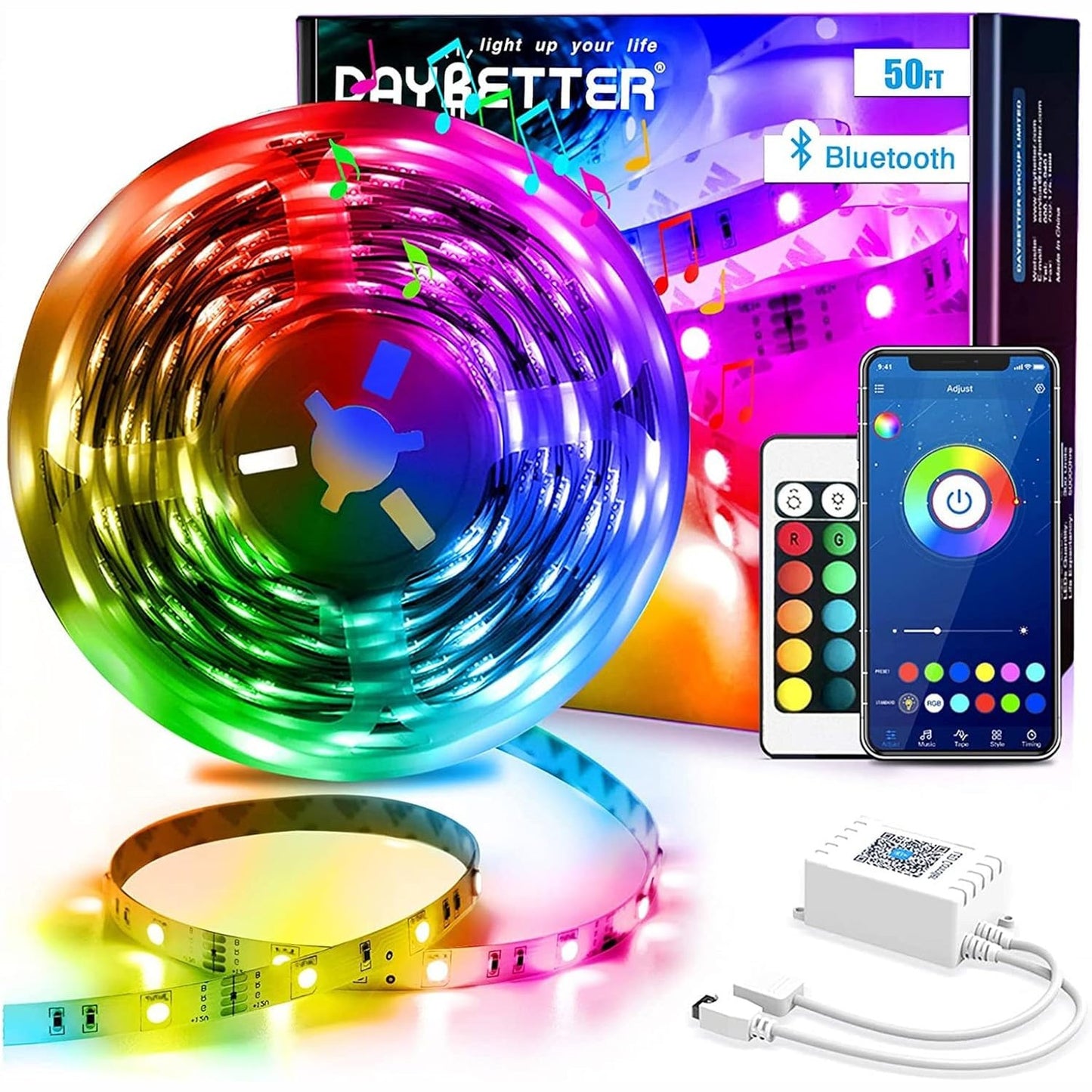 224009 - DAYBETTER Shirit LED 15M, 5050 RGB, kontroll aplikacioni Bluetooth, sinkronizim muzike, për dhomë gjumi, kuzhinë, dhomë ndenjeje